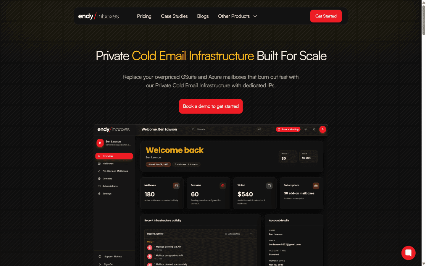 Endy Inboxes homepage advertising private cold email infrastructure built for scale with dedicated IPs